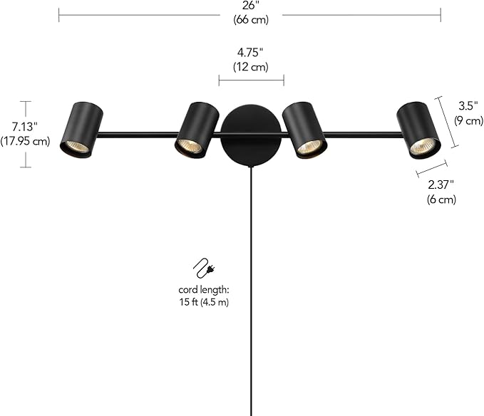 Globe Electric 64000119 4-Light Plug-in Track Lighting, Matte Black Finish, Adjustable Heads, Wall or Ceiling Mount, Modern Industrial Design