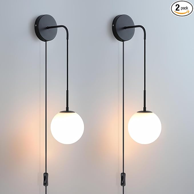 KUZZULL Wall Sconces Set of Two Plug in Wall Sconces Matte Black Wall Lamp with Plug in Cord and Switch Hanging Indoor Wall Mounted Lights with Globe Glass Shade Plug in Sconces Wall Decor Set of 2