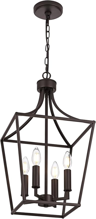 4-Light Farmhouse Lantern Chandelier, Height Adjustable Pendant Light Fixture Hanging Kitchen Lighting for Foyer Dining Room Over Table, E12 Bulb Base & Oil Rubbed Bronze