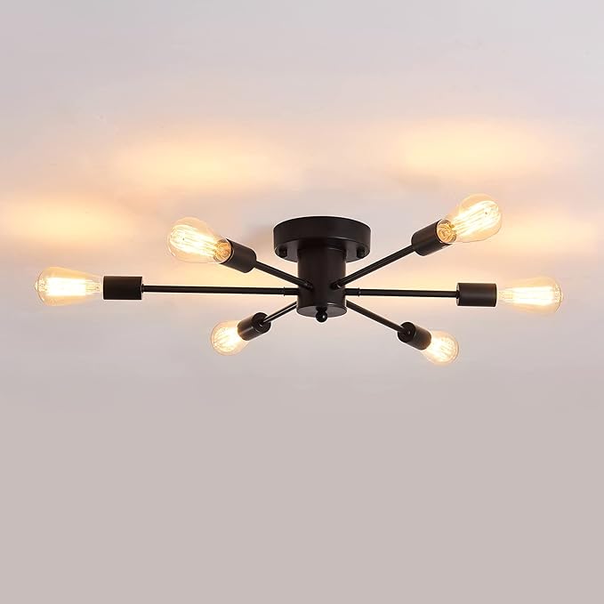 UOFUS 6 Lights Sputnik Semi Flush Mount Ceiling Light Matte Black Modern Edison Chandelier Industrial Close to Ceiling Light for Farmhouse Dining Room Kitchen Bedroom Living Room Study
