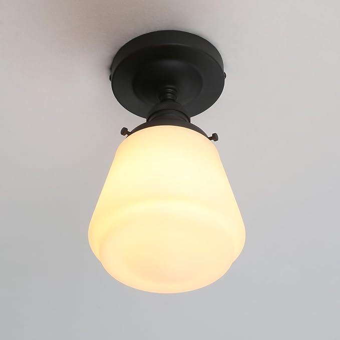 Industrial Semi Flush Mount Ceiling Light with Milk White Glass Pendant Lamp Shade, Vintage Close to Ceiling Light Fixture for Porch, Hallway, Entryway, Kitchen, Bedroom, Hotel