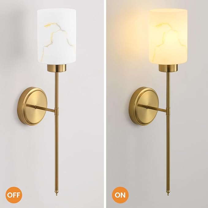 Gold Wall Sconces Set of 2 with Marble Glass Shade, Modern Bathroom Vanity Light Fixtures for Bedroom, Hallway, Entryway, Living Room