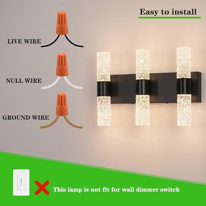 Modern Vanity Light, 6-light Black LED Vanity Light Fixture, Crystal Bathroom Lighting Fixtures over Mirror, Wall Lighting Fixtures for Bath, Wall Sconce for Bedroom Living Room, 27W Warm White