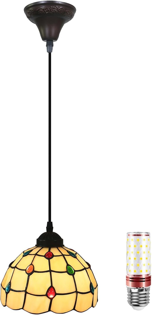 Tiffany Pendant Light Fixtures 8" Wide Stained Glass Hanging Lamp Colored Glass Beads Hanging Lights for Kitchen Dining Room Bedroom