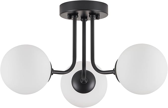 Modern Semi Flush Mount Ceiling Light,Black White Glass Shade Semi Ceiling Light 3-Light,Sputnik Chandeliers for Bedroom Hallway Dining Room Lighting Fixture, HL-23072702