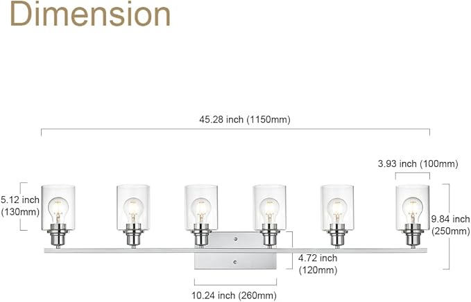VINLUZ 6 Lights Bathroom Vanity Light in Chrome Finish with Clear Cylinder Glass Shade Industrial Wall Light Fixtures Over Mirror for Dressing Table Bedroom