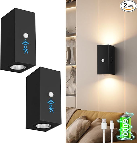 Aipsun Black Battery Operated Wall Sconces 2 Packs with Motion Sensor, Rechargeable Black LED Wall Lighting, Wireless Indoor Aluminum Wall Lights for Living Room, Hallway, Bedroom