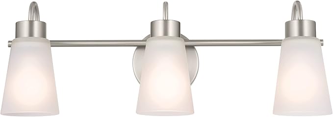 Kichler Erma 3-Light Bathroom Vanity Light Fixture with Satin Etched Glass Shades, Updated Traditional Wall Lighting in Brushed Nickel for Mirror, (23" x 8.5" x 6"), 55126NI