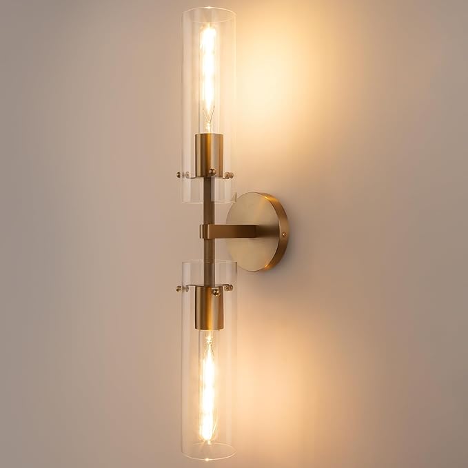 Brass Gold 2-Light Knurled Wall Sconce, Dual-Head Vanity Lamp with Clear Glass Tube, Bathroom Wall Sconces, Wall Lights for Living Room Bedroom Hallway Kitchen Bathroom Mirror
