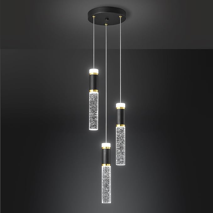 3-Light Pendant Lights Kitchen Island, Dimmable LED Pendant Light Fixtures, Black Gold Pendant Light Modern with Bubble Crystal Pendant Light, Pendant Lighting for Kitchen Island Dining Room