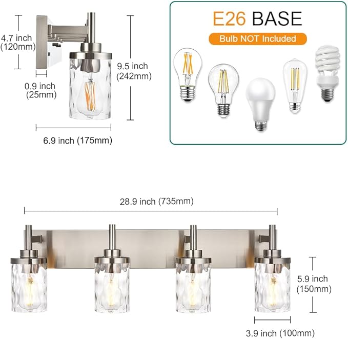 Bathroom Vanity Lighting Fixtures 4 Lights,Brushed Nickel Bathroom Vanity Lights with Clear Hammered Shade Wall Sconce Lighting Modern Farmhouse Bath Lighting