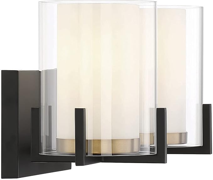Savoy House 8-1977-2-143 Eaton Traditional Clear/White Opal Chimney Glass Bathroom Vanity, 2-Light 120 Total Watts, 8" H x 15" W, Matte Black & Warm Brass Accents