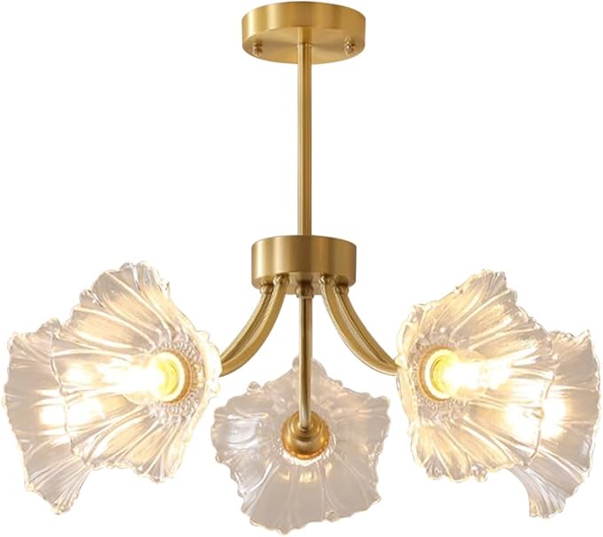 Semi-Flush Mount Ceiling Lights Fixtures Mid Century Modern Ceiling Lamp with Clear Glass Flower Shade Glass 5-Lights Chandelier Gold Brass Ceiling Lighting for Bedroom Dining Room
