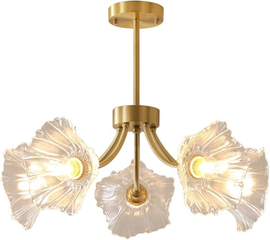 Semi-Flush Mount Ceiling Lights Fixtures Mid Century Modern Ceiling Lamp with Clear Glass Flower Shade Glass 5-Lights Chandelier Gold Brass Ceiling Lighting for Bedroom Dining Room