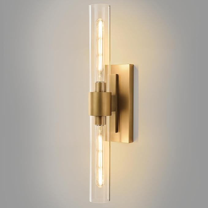 Champagne Brass Bathroom Wall Sconce - Modern Gold Light Sconces - Dimmable Lighting Fixtures - Vertical or Horizontal Mounted Clear Glass Tube Vanity Lights for Indoor Living Room Hallway