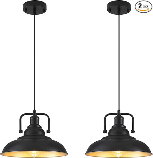 Black and Gold Pendant Light 12.5 inches 2 Packs, Farmhouse Pendant Light, Island Pendant Lights, Kitchen Island Pendant Lights, Pendant Lights Kitchen Island for Bedroom, Kitchen, Island