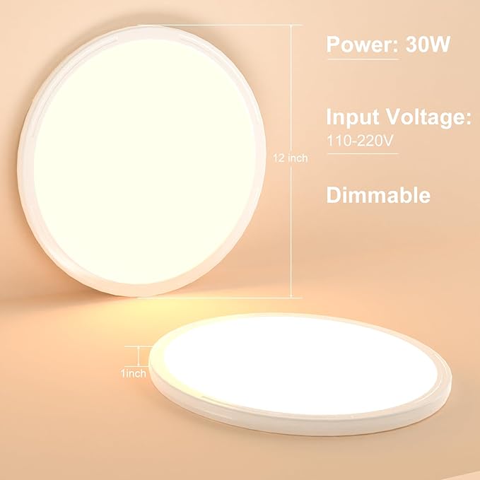 CREATESTAR LED Light, 30W 12 Inch Flush Mount Ceiling Lamp Lighting Fixture, 3000K/4500K/6000K Dimmable with Remote Control, Slim Design for Living Room, Bedroom, Balcony, Kitchen, Corridor (2 Pack)