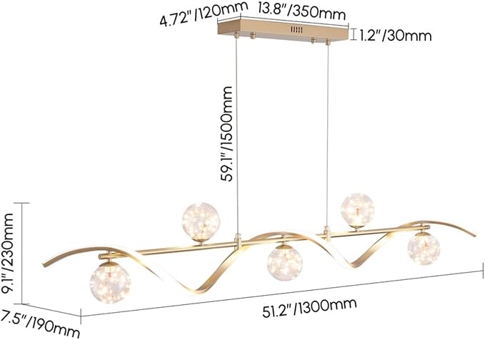 homary Kitchen Island Light with Glass Globes, 51.2" Gold Chandelier Dimmable Linear Pendant Light, Adjustable Height, Dining Room Fixture for Table, Bar or Kitchen Island