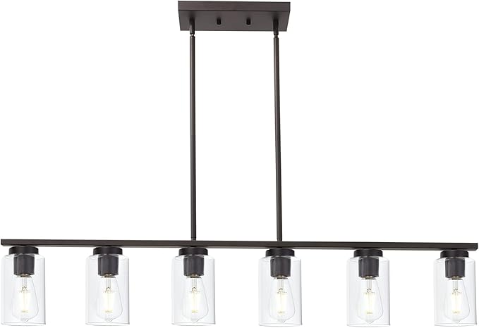 TODOLUZ 6-Light Kitchen Island Lighting Fixtures, Clear Glass Farmhouse Pendant Lights Hanging Chandelier in Oil Rubbed Bronze for Dining Room Table Cafe Bar