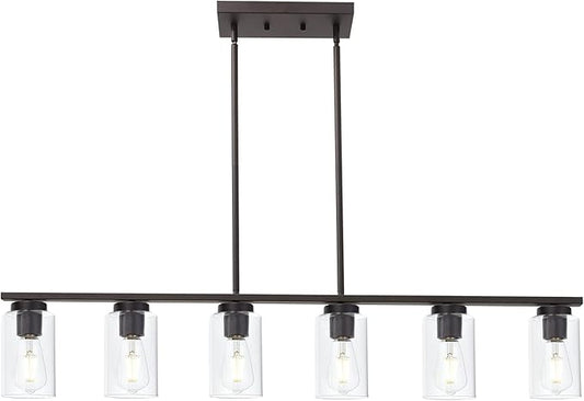 TODOLUZ 6-Light Kitchen Island Lighting Fixtures, Clear Glass Farmhouse Pendant Lights Hanging Chandelier in Oil Rubbed Bronze for Dining Room Table Cafe Bar