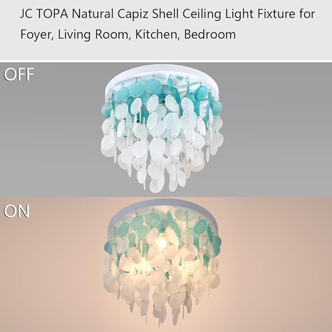 13.8" Capiz Shell Ceiling Light Fixtures 3 Lights Boho Shells Flush Mount Light for Bedroom, Kitchen Island, Bathroom, Entryway, Hallway, White and Blue