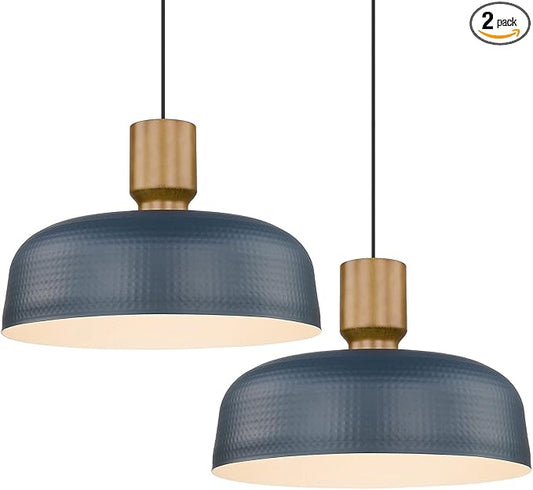 Darkaway Large Industrial Pendant Light Fixtures with Hammered Metal Shade, 2 Pack Blue 18.1inch Oversized Pendant Lighting for Kitchen Island Hanging Lamp Adjustable Height