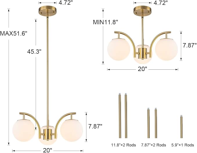 Gold Sputnik Chandelier 3 Light Milk Glass Globe Hanging Light Modern Pendant Light Fixture for High Ceiling Kitchen Bedroom Dining Living Room