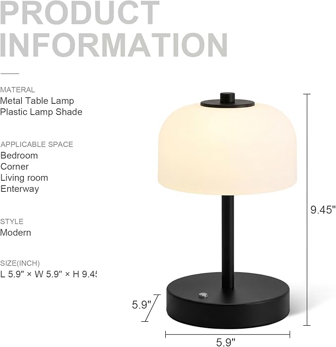 Oneach 9" Touch Control Black Table Lamp with USB A+C Charging Ports, Dimmable LED Bedside Lamp with 3 Color Temperatures, Small Modern Table Lamps for Bedroom Nightstand Living Room