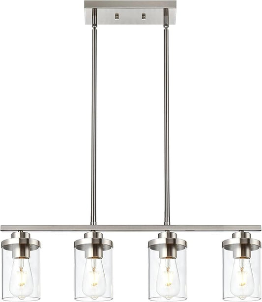 4-Light Dining Room Light Fixtures, Modern Kitchen Island Pendant Lighting Brushed Nickel Flush Mount Ceiling Hanging Lighting with Glass Shade Pendant Lights for Living Room Bedroom Hallway