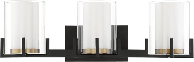 Savoy House 8-1977-3-143 Eaton Traditional Clear/White Opal Chimney Glass Bathroom Vanity, 3-Light 180 Total Watts, 8" H x 24" W, Matte Black & Warm Brass