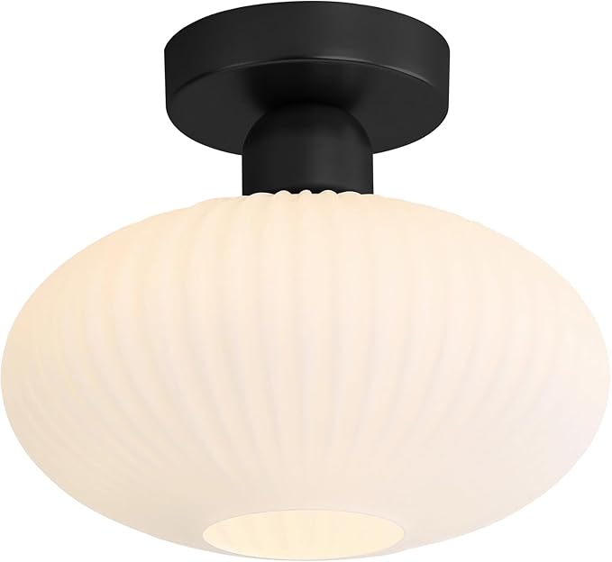 KCO Lighting Mid Century Modern Semi Flush Mount Ceiling Light Fixture Black Milk Glass Ceiling Light Large Vintage Flush Mount Ceiling Lights Hallway Kitchen Entryway