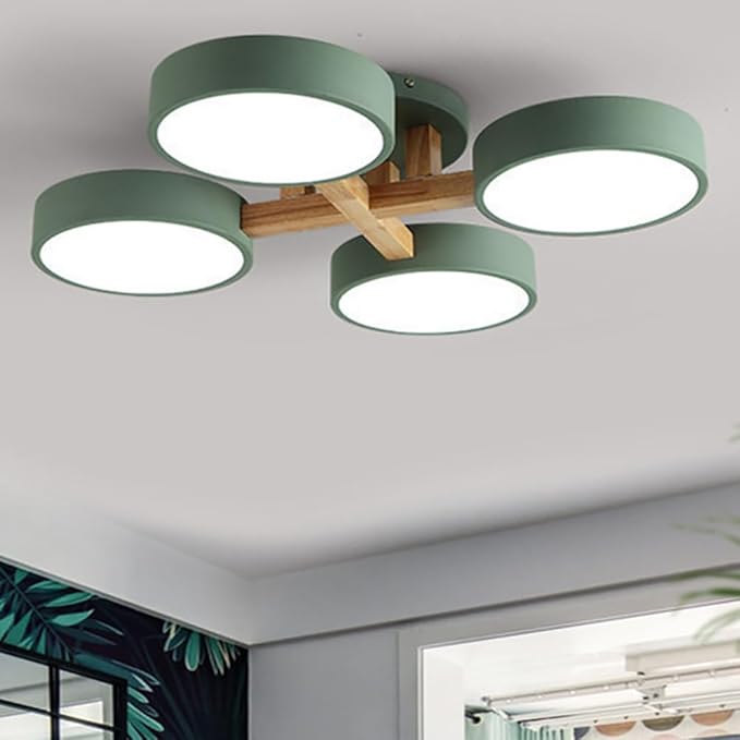 LED Ceiling Light Fixture,24 Inch 4-Lights Modern Ceiling Lights Flush Mount Wooden 44W Chandelier for Living Room Bedroom Kitchen,Dimmable 3000K/4000K/6000K Temperatures Selectable, Green