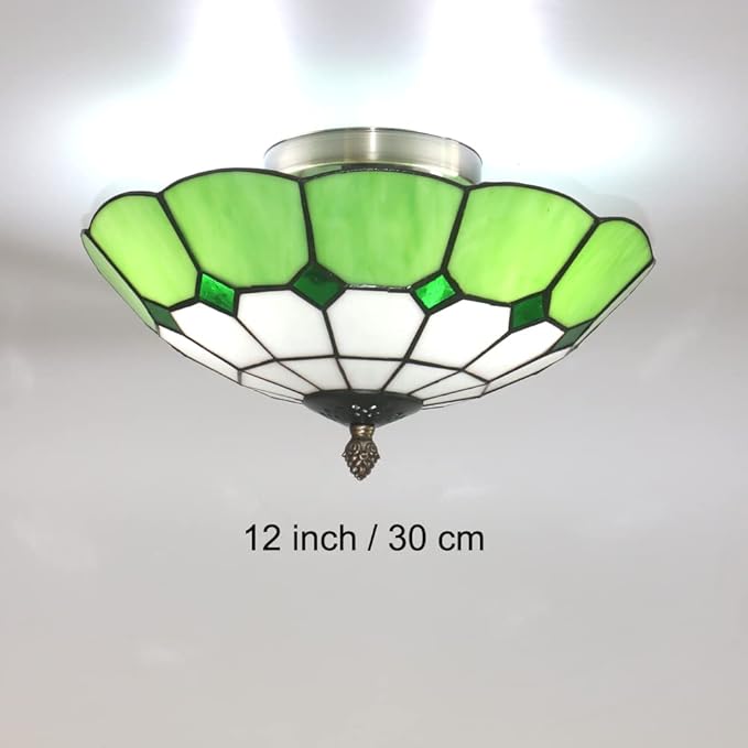12 inch Vintage Tiffany Style Glass Flush Mount Ceiling Lighting Fixtures Retro Rural Pastoral Classical Lamp LED Chandelier Semi Flush Mount Lights Lamps (12 Inch Green)