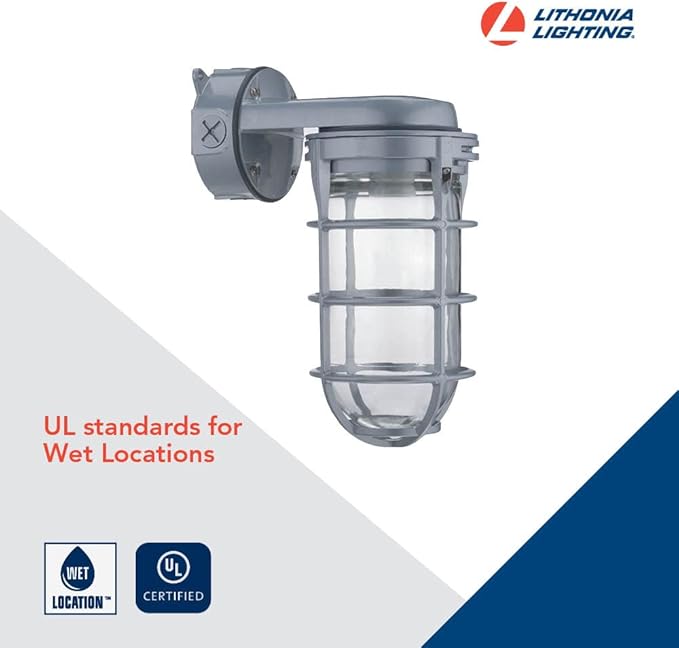 Lithonia Lighting Jelly Jar Light Fixture, Incandescent Utility Vapor Tight Wall Lamp, Industrial Style Wall Light for Indoor and Outdoor Use, 150W, 120V, Includes Junction Box, Grey (VW150I M12)