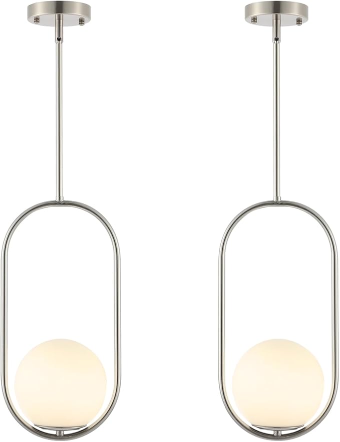 BYOLIIMA Modern Globe Pendant Light Brushed Nickel Chandelier 1-Light Mid Century Ceiling Hanging Lighting Fixture White Globe Glass Shades for Kitchen Island Dining Room Bedroom (2 Pack)
