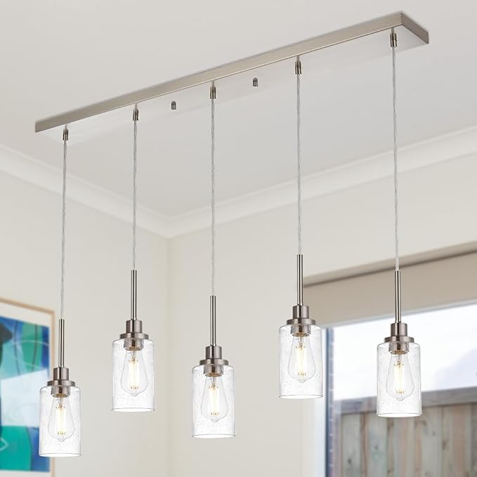 TODOLUZ 5-Light Farmhouse Chandelier, Adjustable Height Pendant Light Fixtures in Brushed Nickel, Dining Room Hanging Ceiling Lighting with Seeded Glass Shade