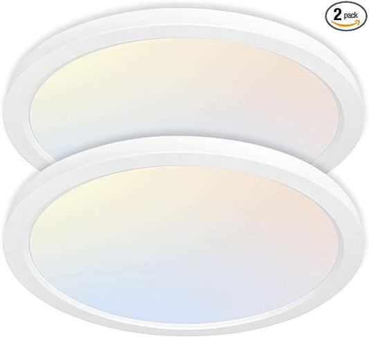 hykolity 2 Pack 12 Inch Selectable CCT LED Round Flat Panel Light, 24W 3000K/4000K/5000K, Edge-Lit Flush Mount Ceiling Light Fixture for Kitchen, Bedroom, Laundry and Closet Room，White