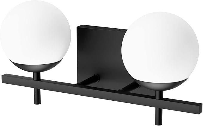 Ralbay Matte Black Bathroom Light Fitures 2-Light Mid Century Modern Bathroom Light Fixture Matte Black Milky Glass Ball Wall Light Black 2 Light
