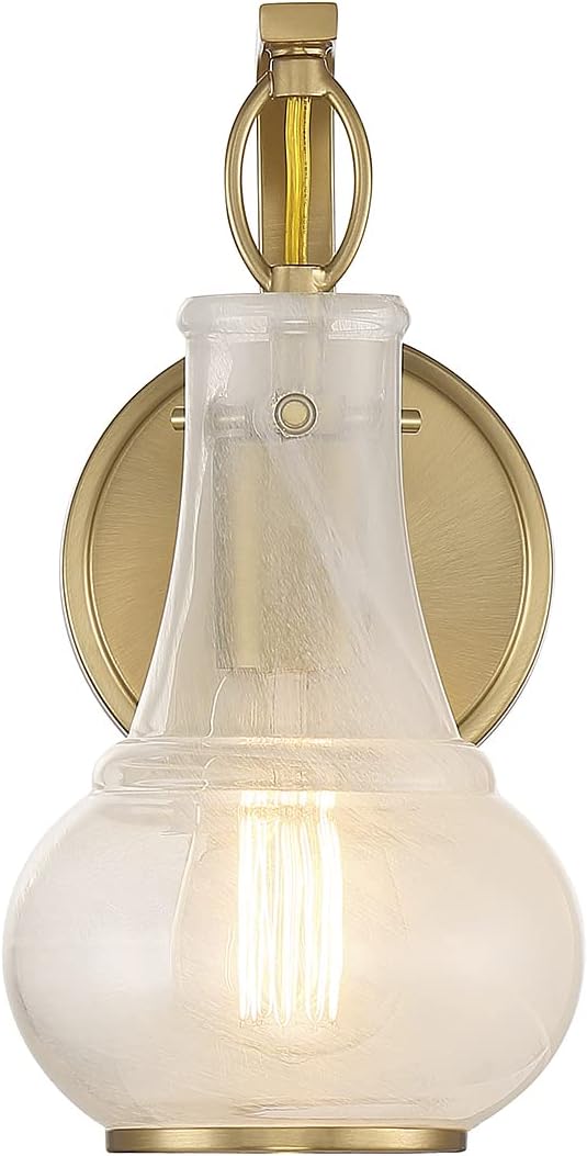 Savoy House 9-4417-1-322 Adams Modern Vintage Traditional White Strie Glass Wall Sconce, 1-Light 60 Watt, 11" H x 7" W, Warm Brass