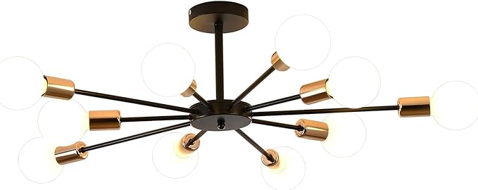 10-Light Semi Flush Mount Light Fixture, Black and Gold Sputnik Ceiling Light, Modern Close to Ceiling Light for Bedroom Kitchen Living Room Entryway Laundry Room