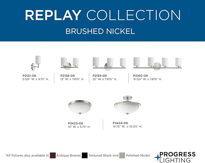Progress Lighting Replay Collection 1-Light Etched White Glass Modern Bath Vanity Light Brushed Nickel, E26