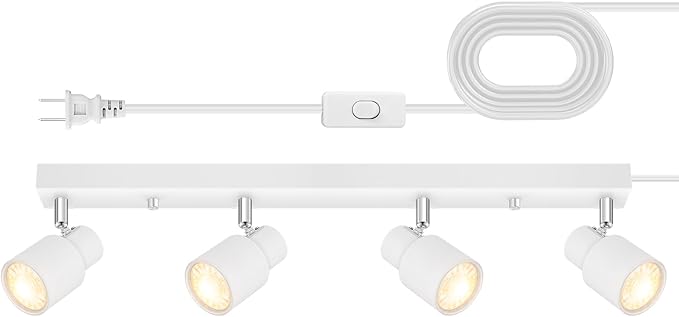 Plug in Track Lighting, 23" LED Track Light Fixtures Ceiling, White 4 Way Spotlight, Rotatable Light Head, Plug in Ceiling Light with Power Cord, Plug Wall Light for Kitchen Hallway Bar(GU10, NO Bulb)