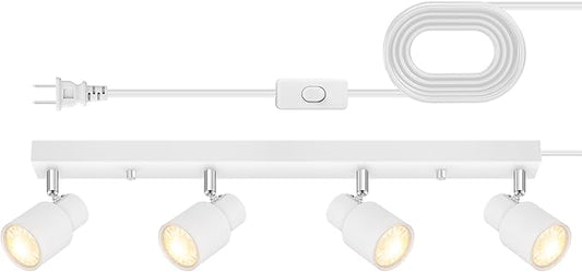 Plug in Track Lighting, 23" LED Track Light Fixtures Ceiling, White 4 Way Spotlight, Rotatable Light Head, Plug in Ceiling Light with Power Cord, Plug Wall Light for Kitchen Hallway Bar(GU10, NO Bulb)