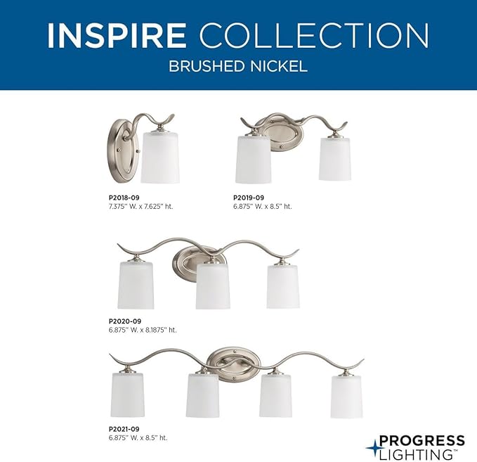 Progress Lighting P2019-09 Inspire Collection Etched Glass Traditional Bath Vanity Light, 2-Light, Brushed Nickel