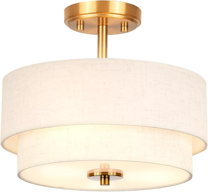 3-Light Semi Flush Mount Ceiling Light Fixture, 12.6" Gold Drum Light with White Fabric Shade, Modern Close to Ceiling Light for Living Room Bedroom Dining Room Kitchen Hallway Entry Foyer