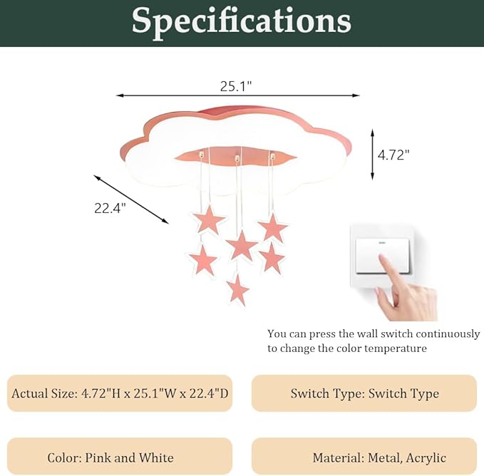 Skyblaze Cloud Ceiling Light Fixtures, Kids Room Star Light, Modern LED Lamp for Girls Bedroom Nursery, Pink Finish