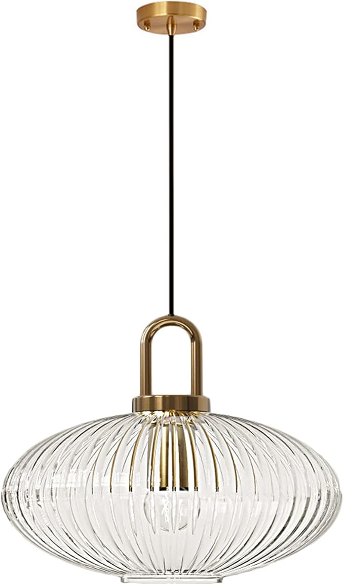 Industrial Vintage Pendant Lighting with Ribbed Glass Lamp Shade and Bronze Finish, Modern Retro Ceiling Light Hanging Lamp for Bedside Dining Table Kitchen Island (Transparent, 11.8")