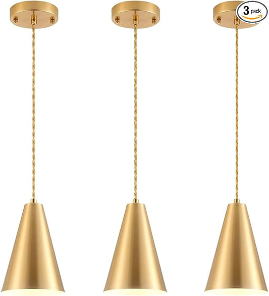 Gold Pendant Lights, 3 Pack Vintage Farmhouse Hanging Lamp Modern Brass Rustic Pendant Lighting Fixtures for Kitchen Island Dining Room Bedroom Hallway