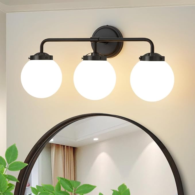 Black Bathroom Light Fixtures Over Mirror, 3-Light Modern Vanity Lighting with Milk White Glass Globe Shade Wall Sconce