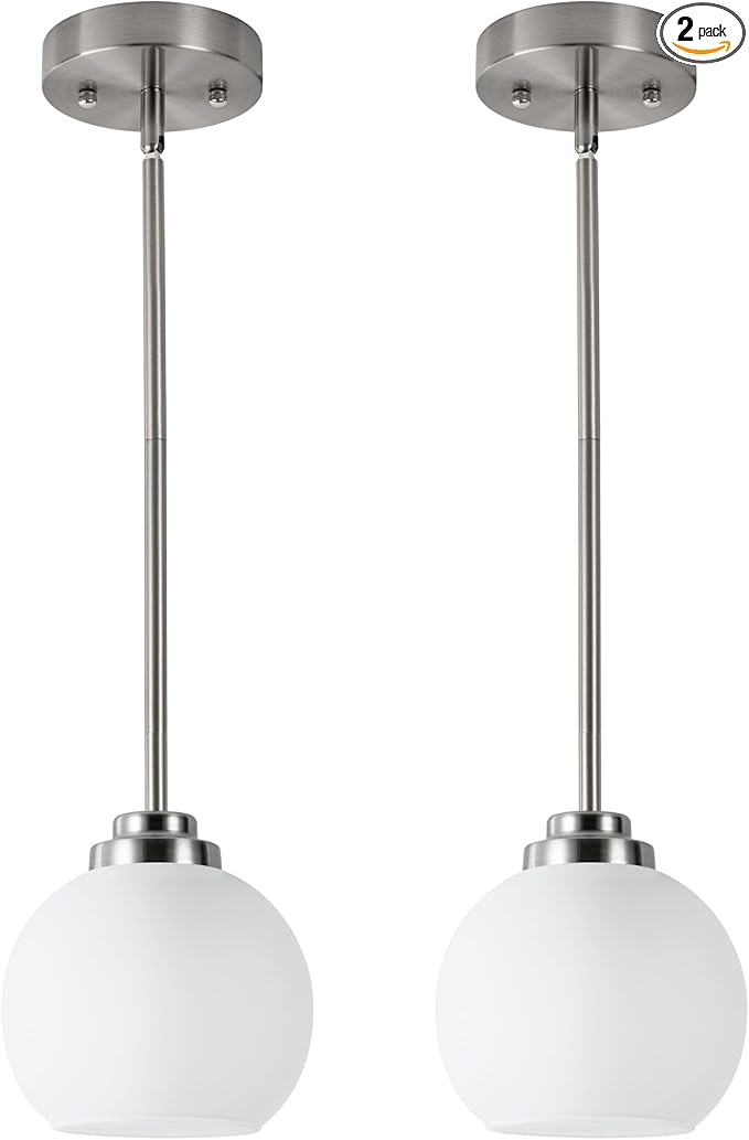 2 Pack Globe Pendant Light Fixtures, Brushed Nickel Hanging Ceiling Lights with White Frosted Glass Shades, Adjustable House Indoor Light for Kitchen Island